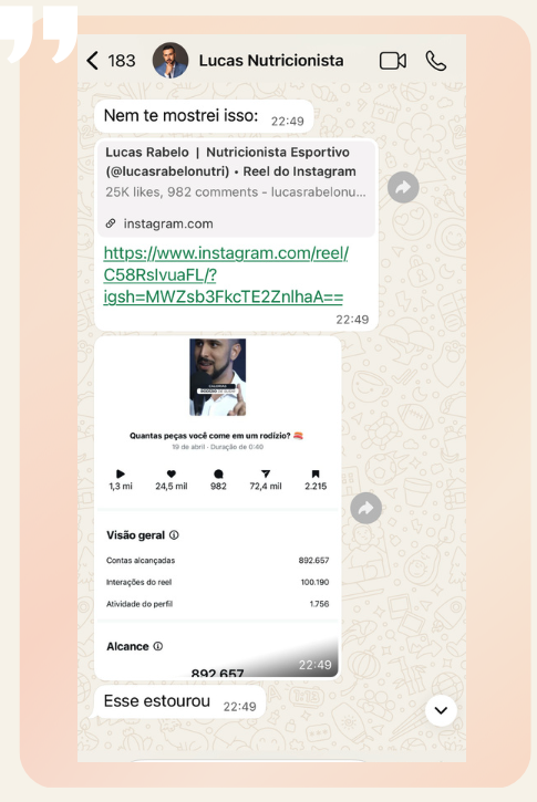 Conversa de WhatsApp com Lucas Rabelo comemorando o alcance de 892 mil contas em um Reel